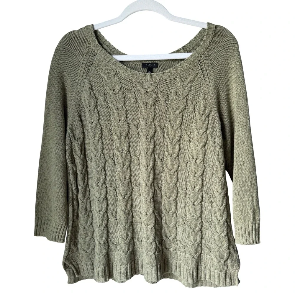 Talbots Petite Linen Cotton Blend Cable Knit Sweater Taupe Pullover Large Petite